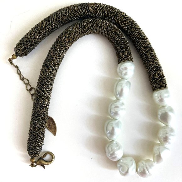 Chunky faux pearl and stacked bronze filigree necklace by Coldwater Creek - Picture 2 of 4